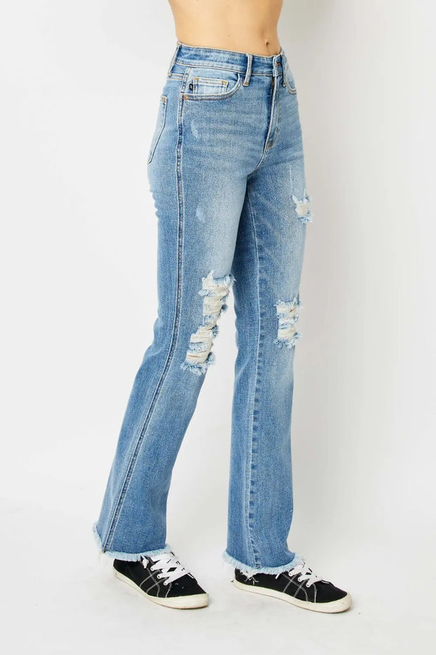 Judy Blue Full Size Distressed Raw Hem Bootcut Jeans - Fashionmj