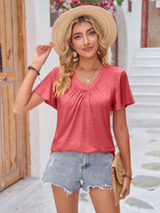 Double Take Ruched V-Neck Short Sleeve T-Shirt - Fashionmj