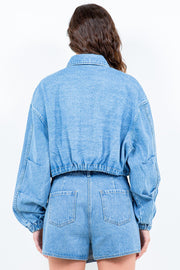 American Bazi Drawstring Waist Crop Denim Jacket - Fashionmj