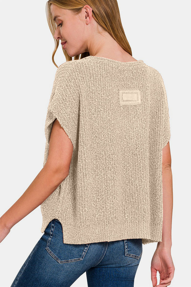 Zenana Short Sleeve Side Slit Sweater - Fashionmj