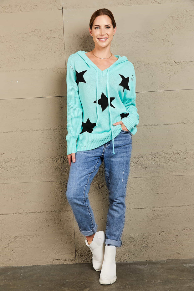 Woven Right Star Distressed Slit Hooded Sweater - Fashionmj