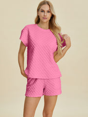 Double Take Full Size Texture T-Shirt and Shorts Set - Fashionmj