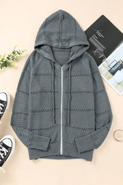 Zip-Up Raglan Sleeve Openwork Hooded Cardigan - Fashionmj