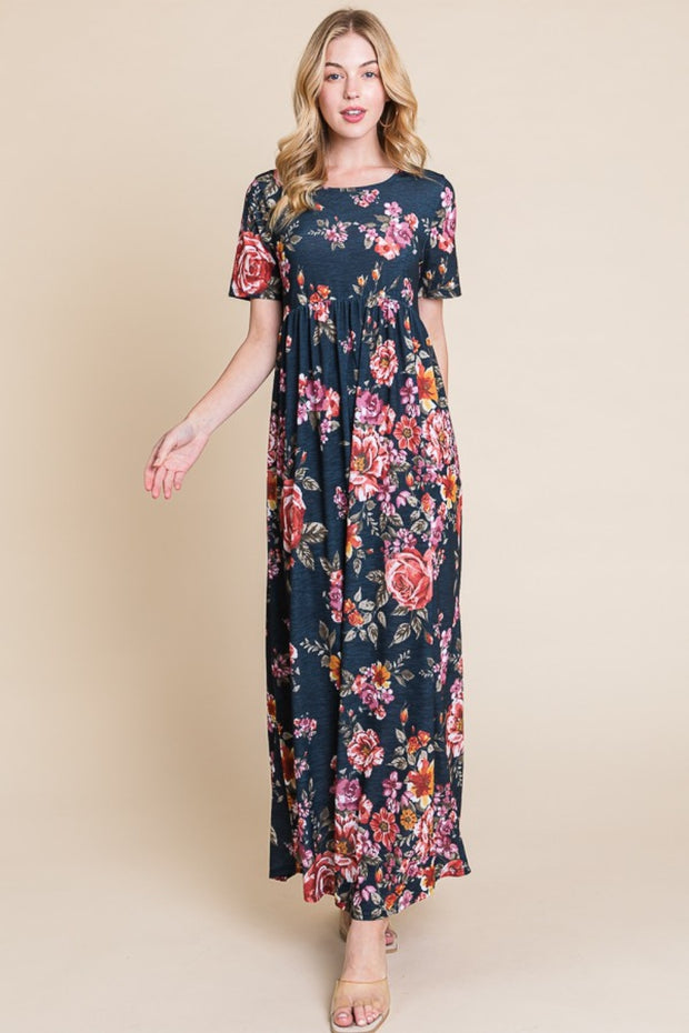 BOMBOM Floral Short Sleeve Maxi Dress - Fashionmj