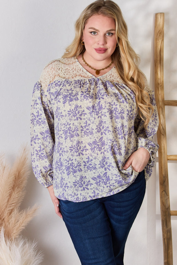 Hailey & Co Full Size Lace Detail Printed Blouse - Fashionmj