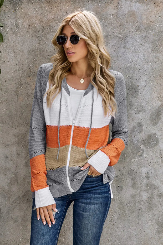 Zip-Up Raglan Sleeve Openwork Hooded Cardigan - Fashionmj