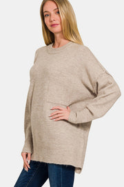 Zenana High-Low Hem Drop Shoulder Sweater - Fashionmj