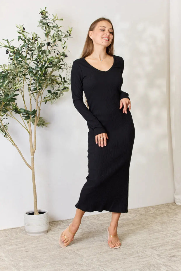 Culture Code Full Size Ribbed Long Sleeve Midi Slit Dress - Fashionmj