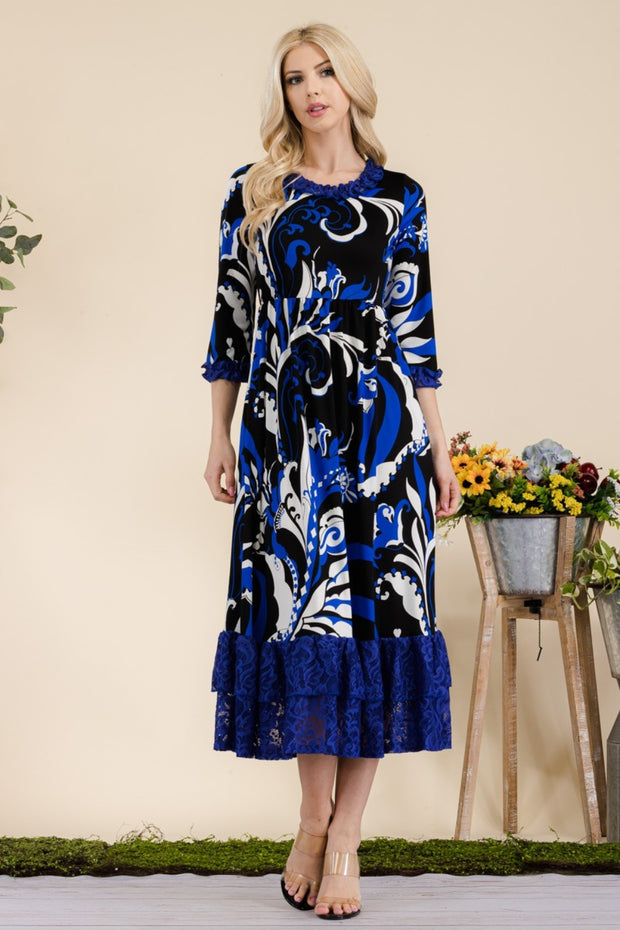 Celeste Full Size Paisley Print Lace Ruffled Midi Dress - Fashionmj