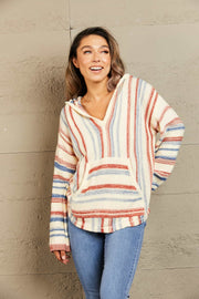 Striped Hooded Sweater with Kangaroo Pocket - Fashionmj