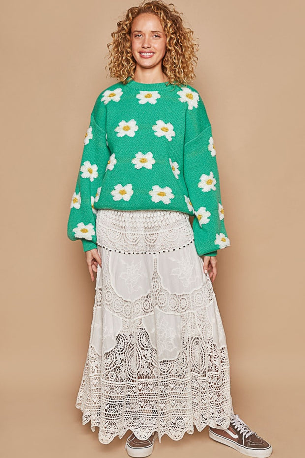 POL Daisy Pattern Drop Shoulder Sweater - Fashionmj