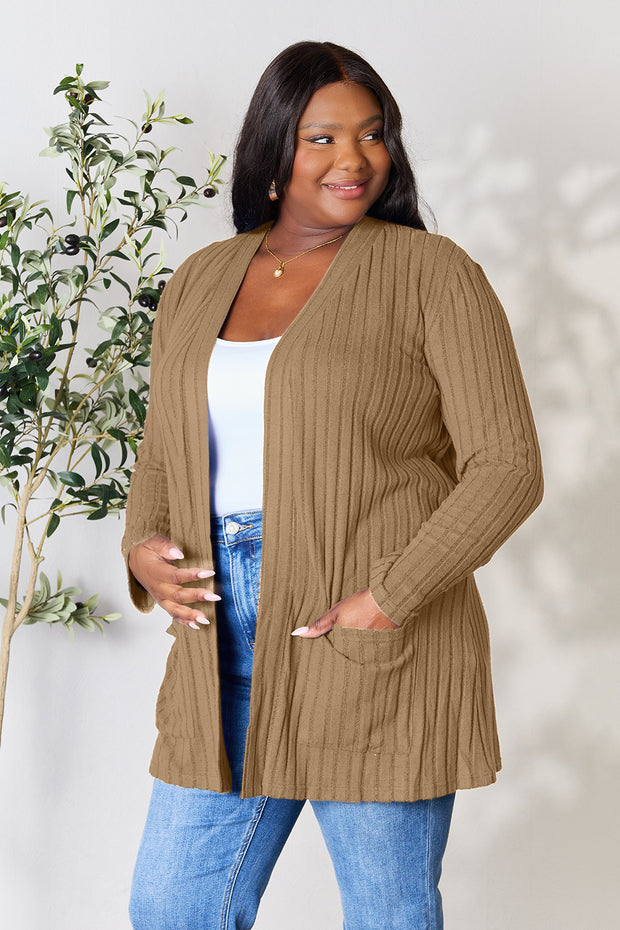 Basic Bae Full Size Ribbed Open Front Cardigan with Pockets - Fashionmj