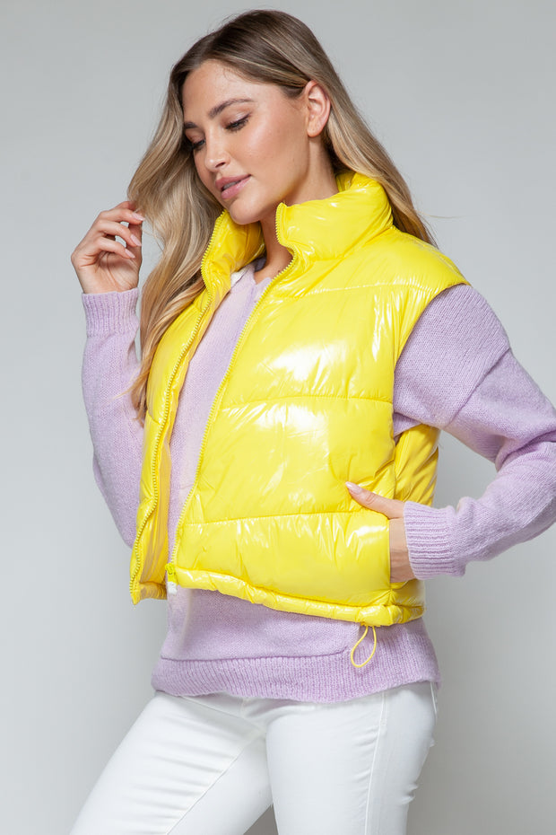 Snobbish Zip Up Turtleneck Shiny Quilted Vest - Fashionmj