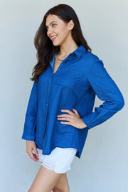 Doublju Blue Jean Baby Denim Button Down Shirt Top in Dark Blue - Fashionmj