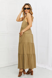 Zenana Full Size Spaghetti Strap Tiered Dress with Pockets in Khaki - Fashionmj