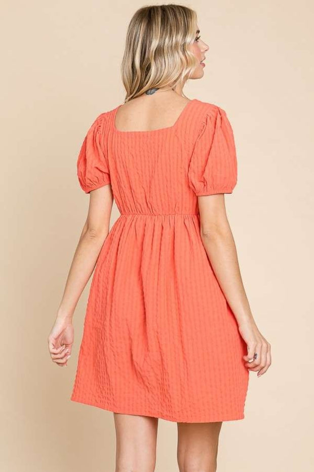 Culture Code Textured Square Neck Short Sleeve Dress - Fashionmj