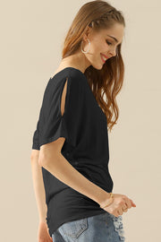 Ninexis Boat Neck Short Sleeve Ruched Side Top - Fashionmj