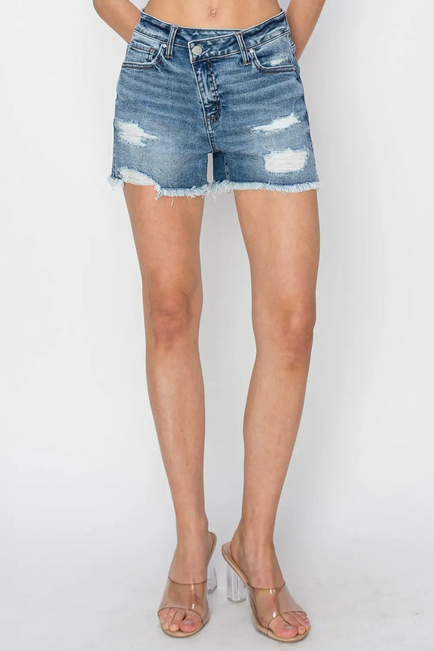 RISEN Stepped Waist Frayed Denim Shorts - Fashionmj