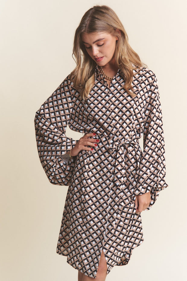 J.NNA Geometric Balloon Long Sleeve Midi Dress - Fashionmj