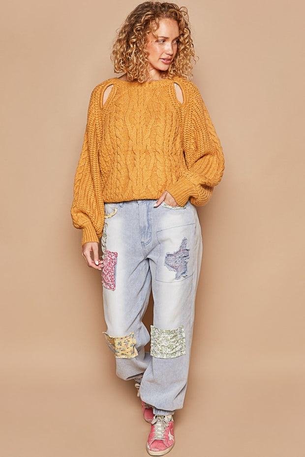 POL Cable Knit Cutout Long Sleeve Sweater - Fashionmj