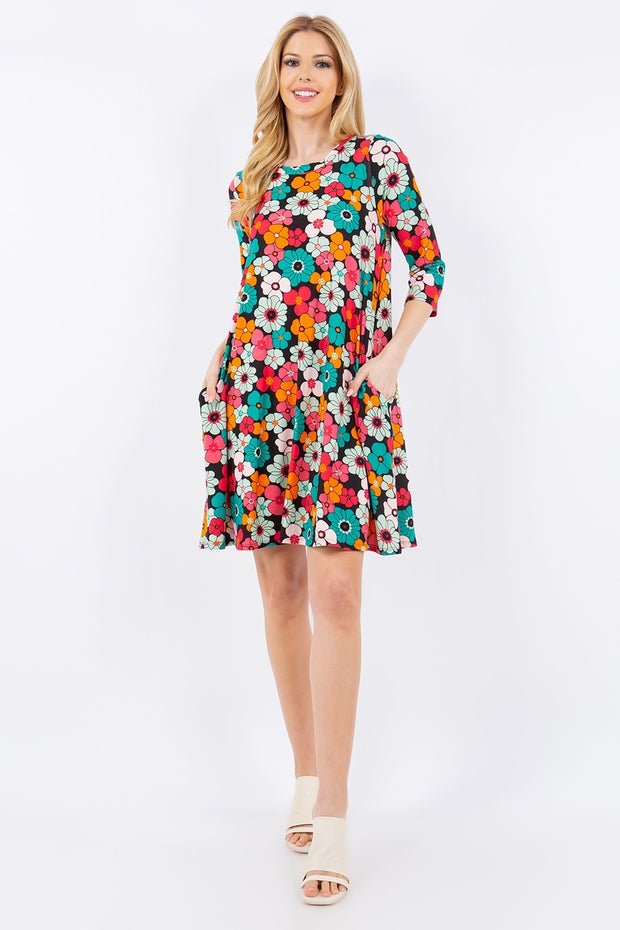 Celeste Full Size Floral Three-Quarter Sleeve Dress with Pockets - Fashionmj