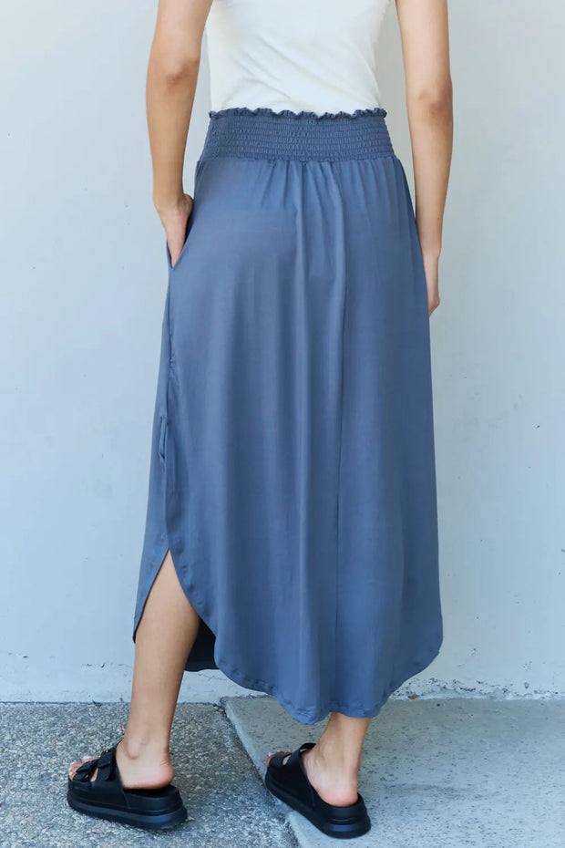 Doublju Comfort Princess Full Size High Waist Scoop Hem Maxi Skirt in Dusty Blue - Fashionmj