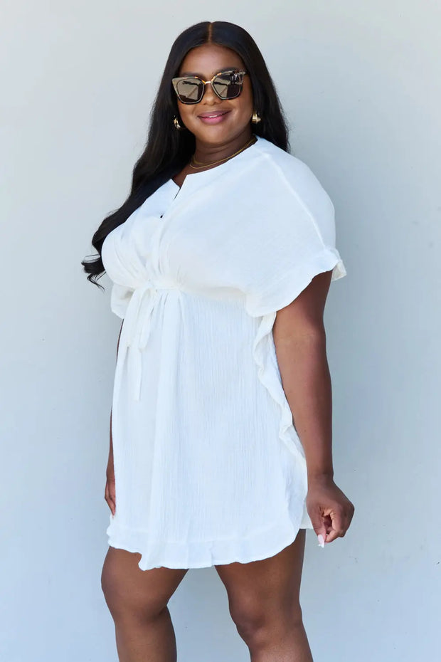 Ninexis Out Of Time Full Size Ruffle Hem Dress with Drawstring Waistband in White - Fashionmj