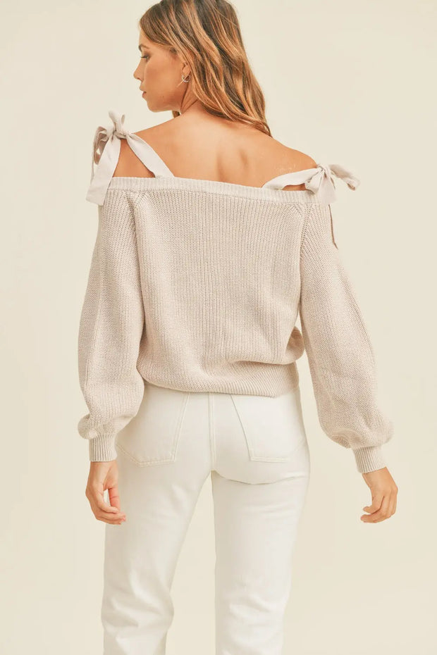 MABLE Off Shoulder Self Tie Strap Button Down Sweater - Fashionmj