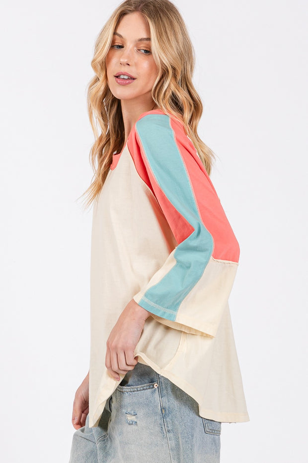 SAGE + FIG Color Block Curved Hem T-Shirt - Fashionmj