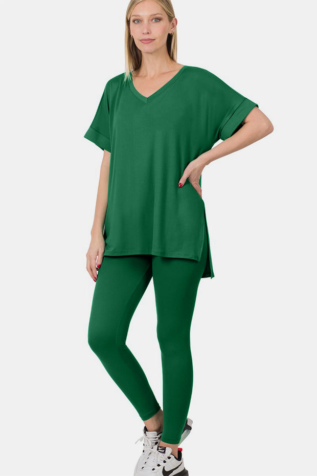 Zenana V-Neck Rolled Short Sleeve T-Shirt and Leggings Lounge Set - Fashionmj