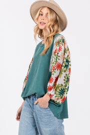 SAGE + FIG Full Size Printed Balloon Sleeve Contrast Top - Fashionmj