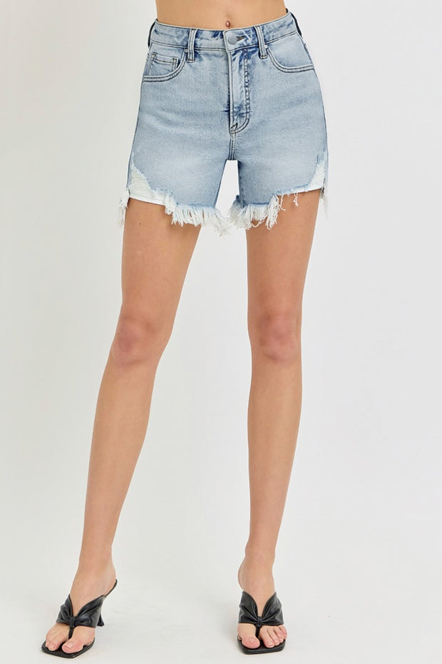 RISEN High Rise Side Step Hem Denim Shorts - Fashionmj