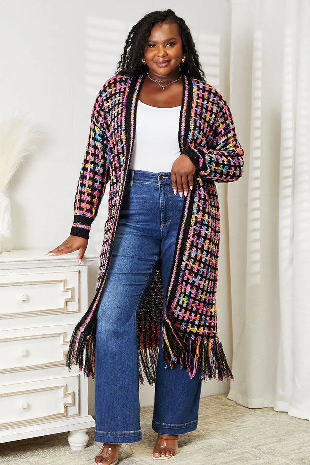 Full Size Multicolored Open Front Fringe Hem Cardigan - Fashionmj