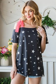 Heimish Full Size Star Print Asymmetrical Neck Short Sleeve Top - Fashionmj