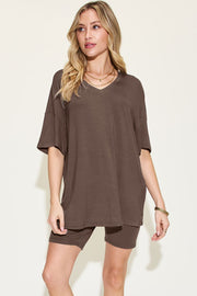 Basic Bae Full Size V-Neck Drop Shoulder T-Shirt and Shorts Set - Fashionmj