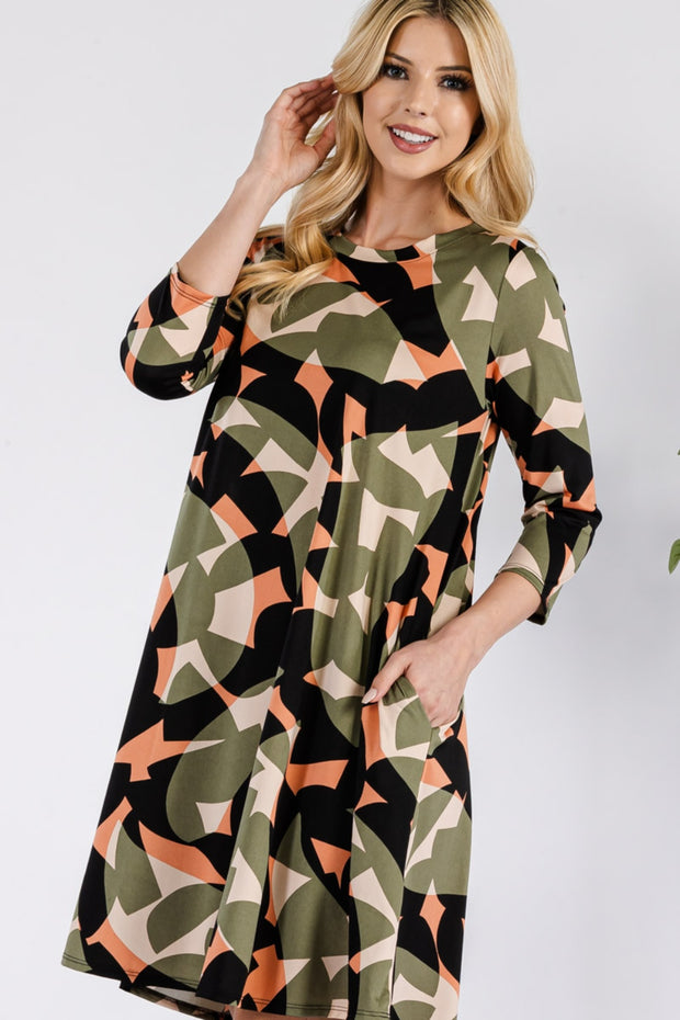 Celeste Full Size Geometric Round Neck Dress with Pockets - Fashionmj