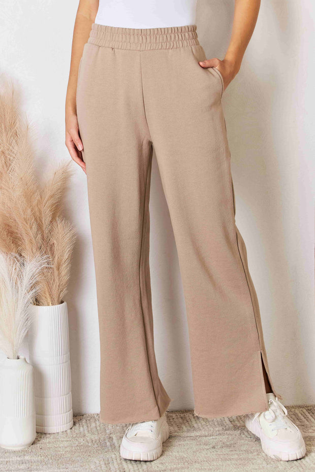 RISEN Wide Waistband Slit Wide Leg Pants Trendsi