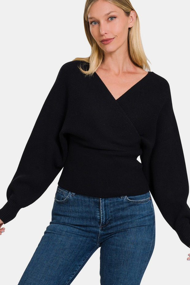 Zenana Cross Wrap Rib Long Sleeve Sweater - Fashionmj