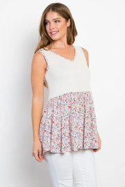 Be Stage Full Size Smocked Printed Peplum Sleeveless Top - Fashionmj