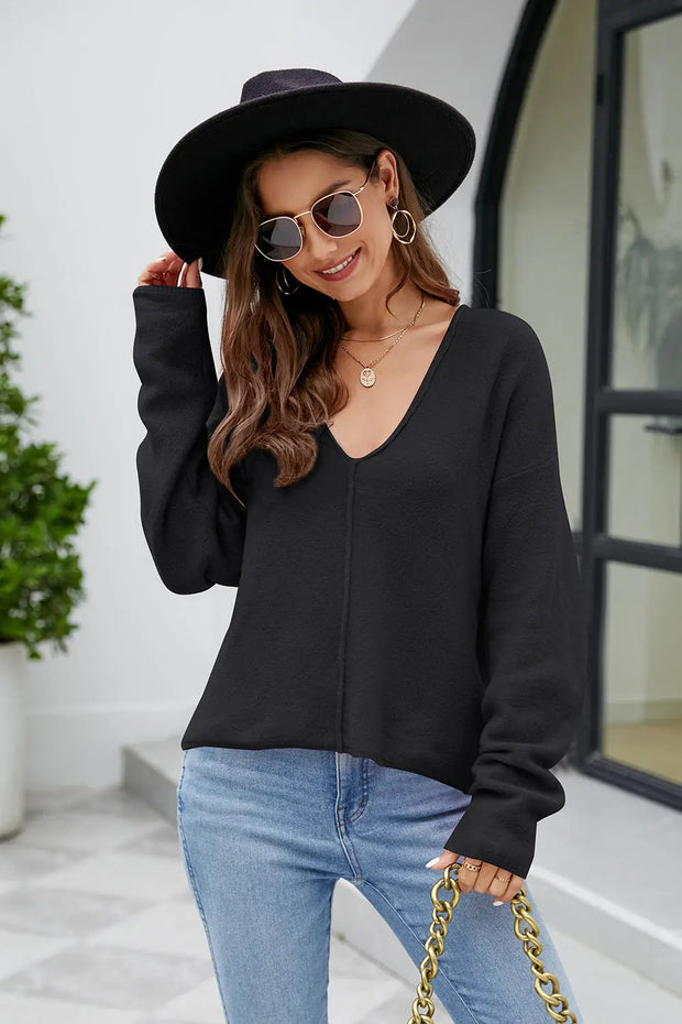 V-Neck Drop Shoulder Long Sleeve Knit Top - Fashionmj