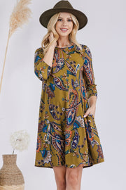 Celeste Full Size Paisley Print Round Neck Dress with Pockets - Fashionmj