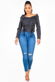 American Bazi Off Shoulder Lace Up Denim Jacket - Fashionmj