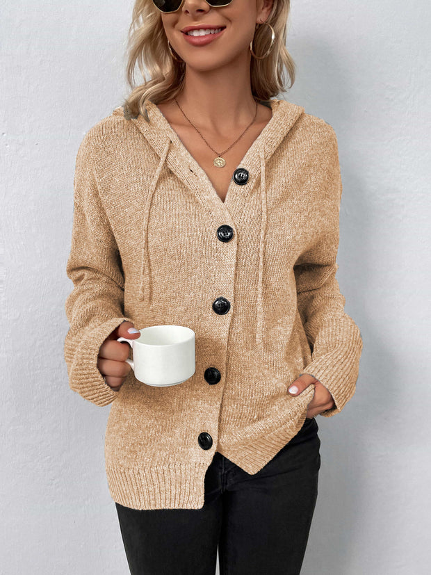 Button-Down Long Sleeve Hooded Sweater - Fashionmj