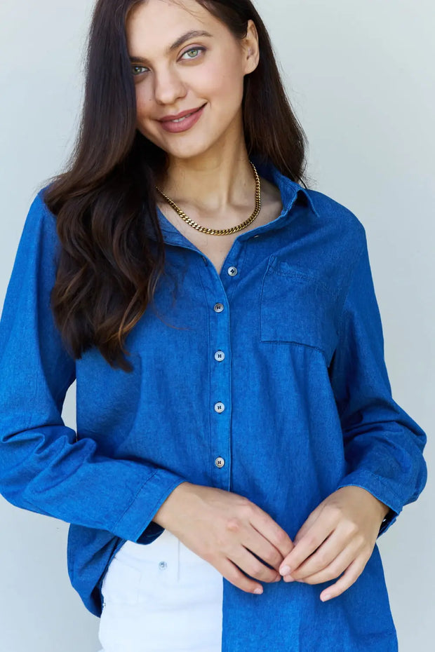 Doublju Blue Jean Baby Denim Button Down Shirt Top in Dark Blue - Fashionmj