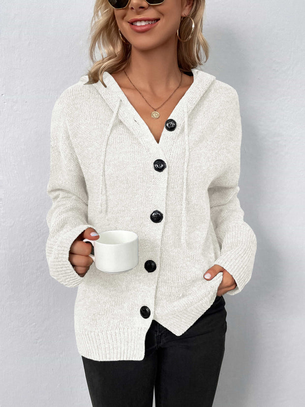 Button-Down Long Sleeve Hooded Sweater - Fashionmj