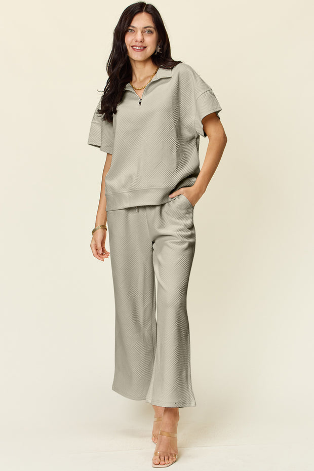 Double Take Full Size Texture Half Zip Short Sleeve Top and Pants Set - Fashionmj