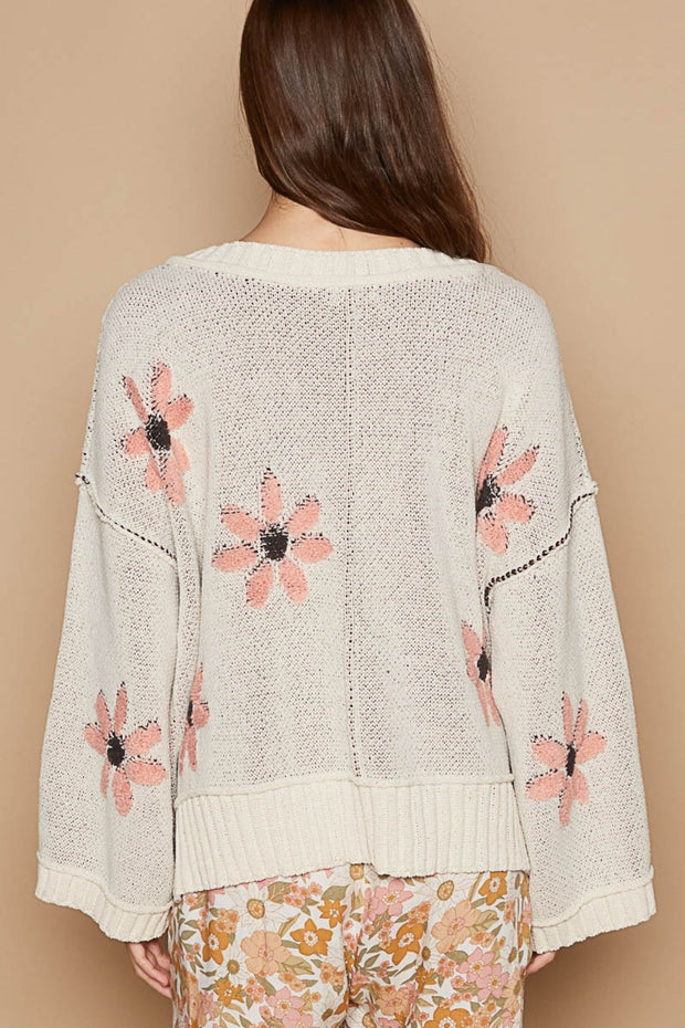 POL V-Neck Floral Pattern Chenille Sweater - Fashionmj