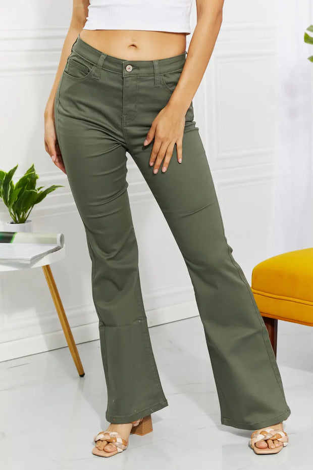 Zenana Clementine Full Size High-Rise Bootcut Jeans in Olive - Fashionmj