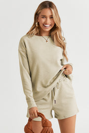 Double Take Full Size Texture Long Sleeve Top and Drawstring Shorts Set - Fashionmj