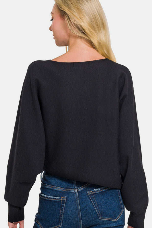 Zenana Asymmetric Hem Long Sleeve Sweater - Fashionmj